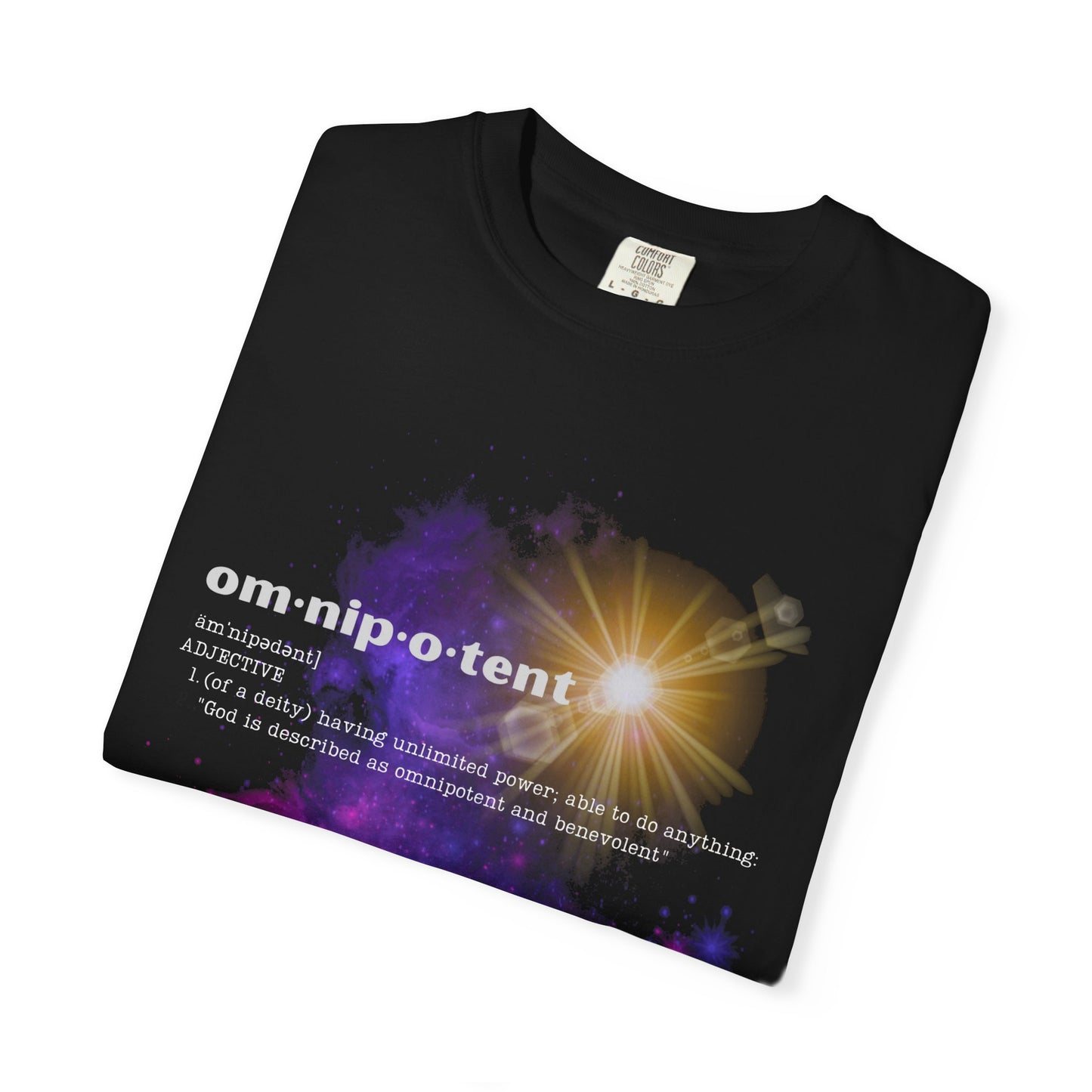 Omnipotent Galaxy T-Shirt — Cosmic Word Art Tee