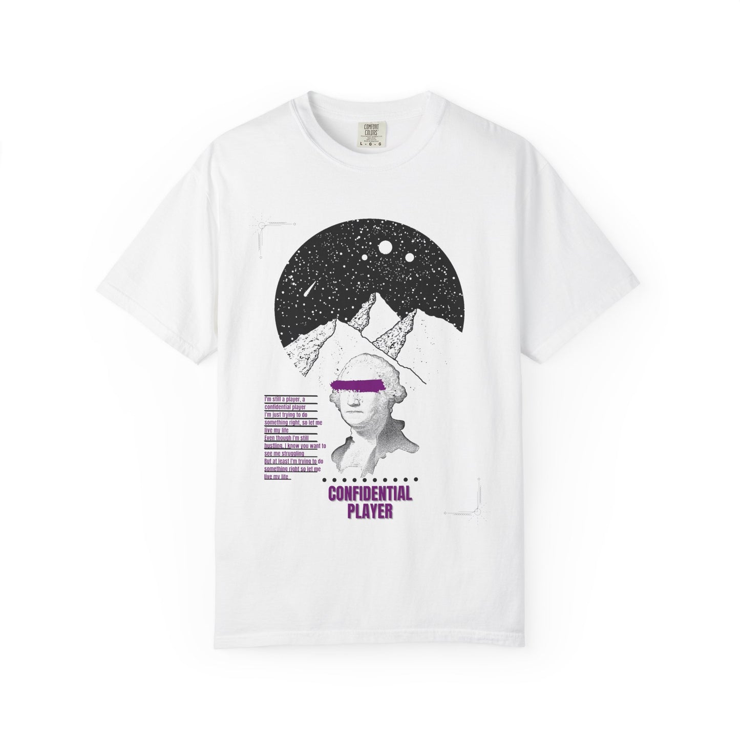 Confidential Player T-Shirt — Retro Astro Portrait Graphic Tee with Lyrics