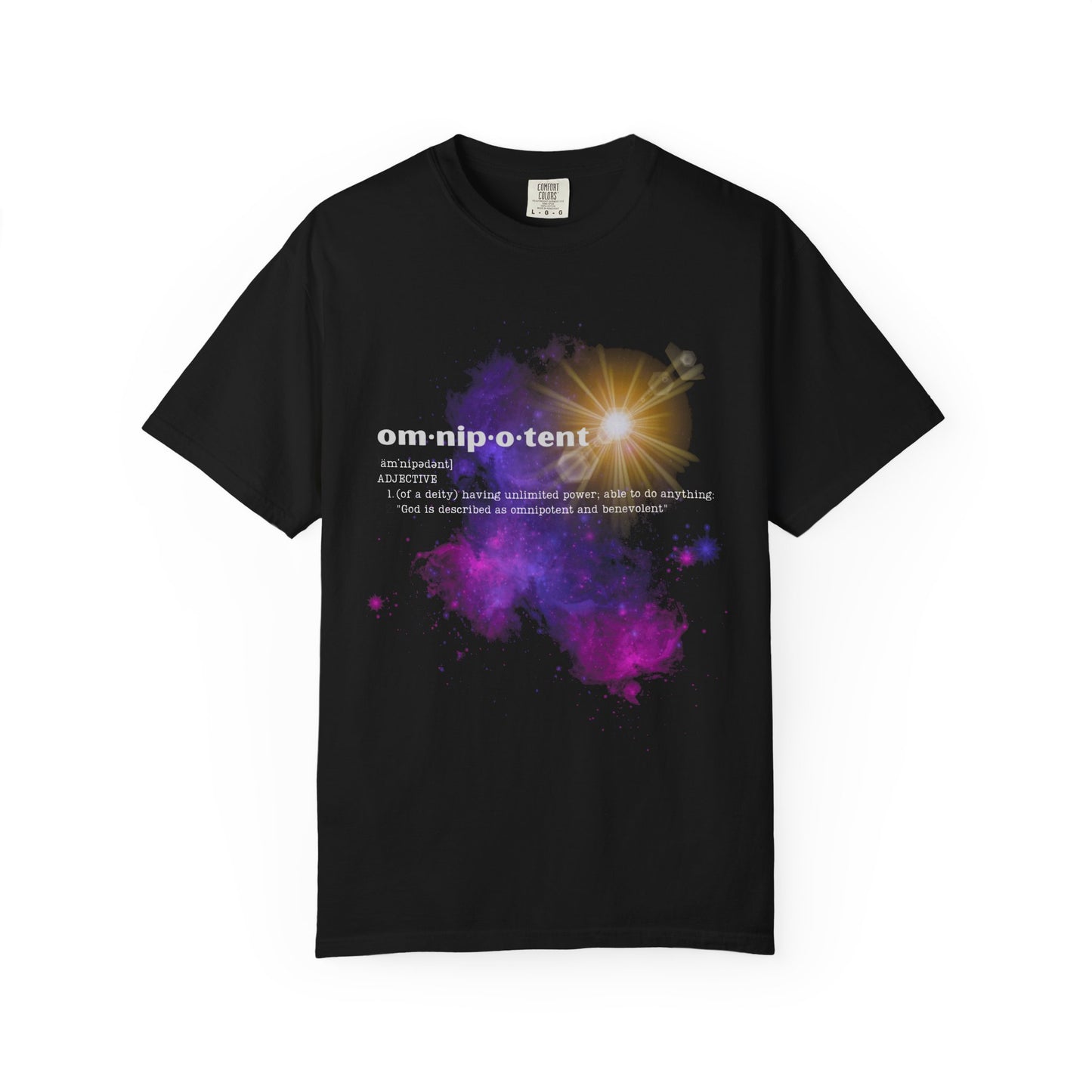 Omnipotent Galaxy T-Shirt — Cosmic Word Art Tee
