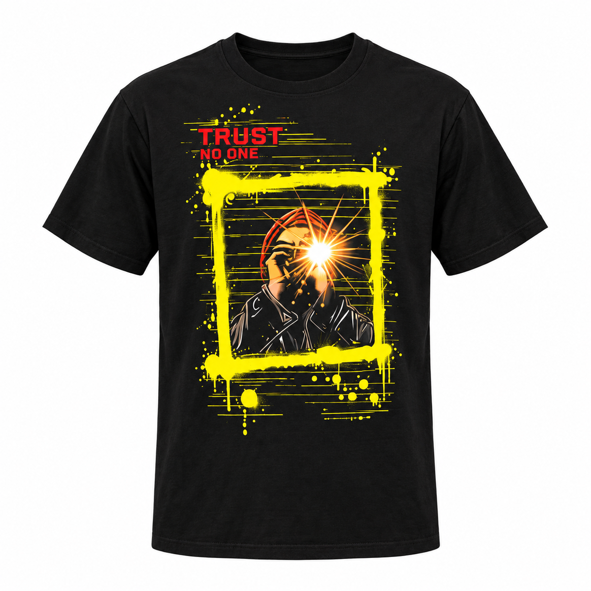 Trust No One graphic on black T-shirt